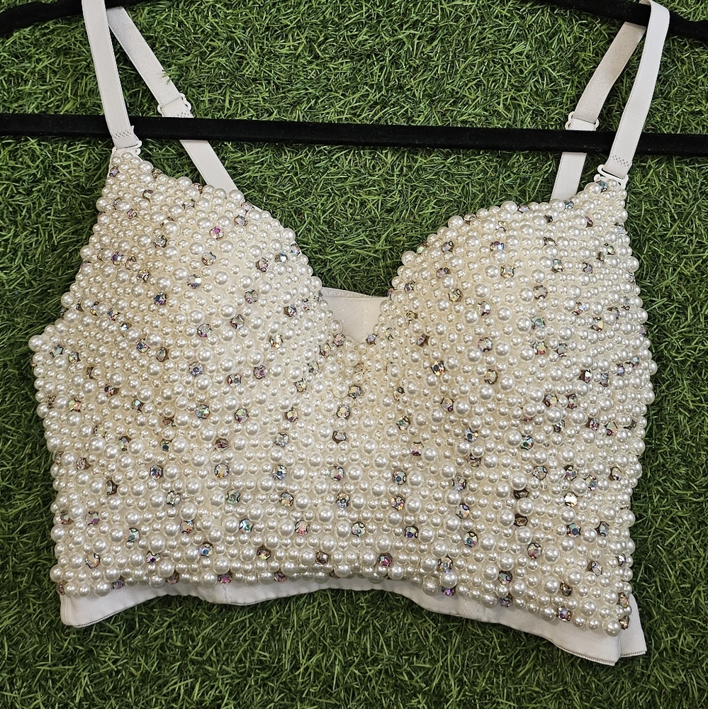 Elegant Pearl Embellished White Crop Top